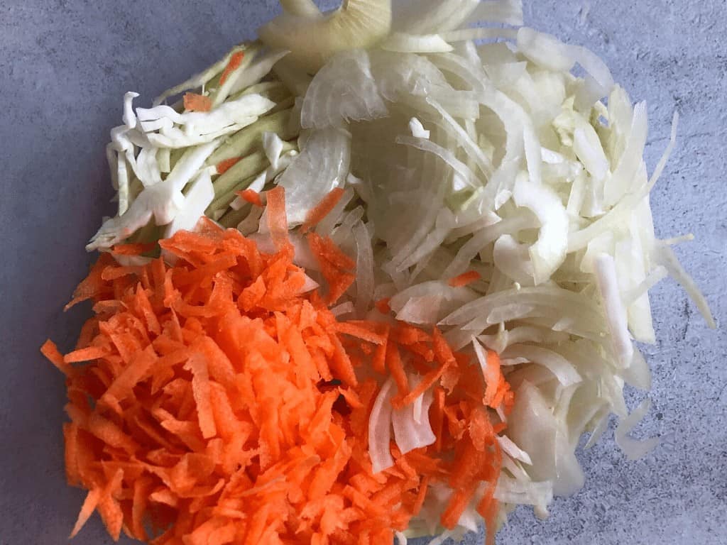 Cabbage, onion and carrot, vegan coleslaw ingredients