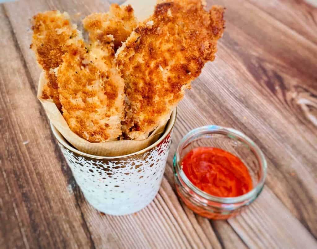 Dairy & egg free chicken goujons using Hellman's vegan mayo.