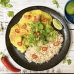 Mango chicken curry with coconut milk on a plate