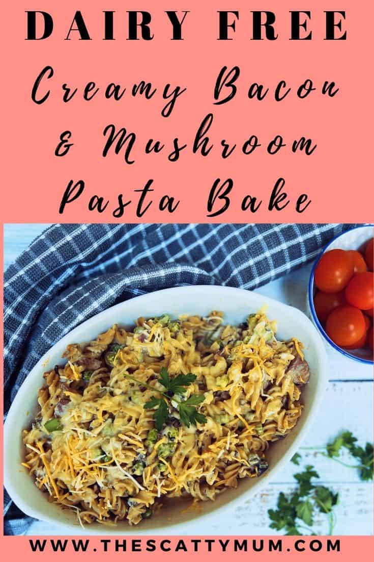 bacon and mushroom pasta in a dish pinterest image