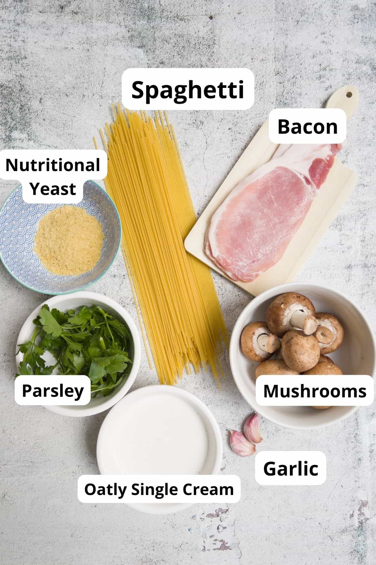 Ingredients laid out for dairy free carbonara