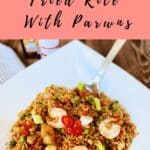 pinterest image of fried rice in a white bowl