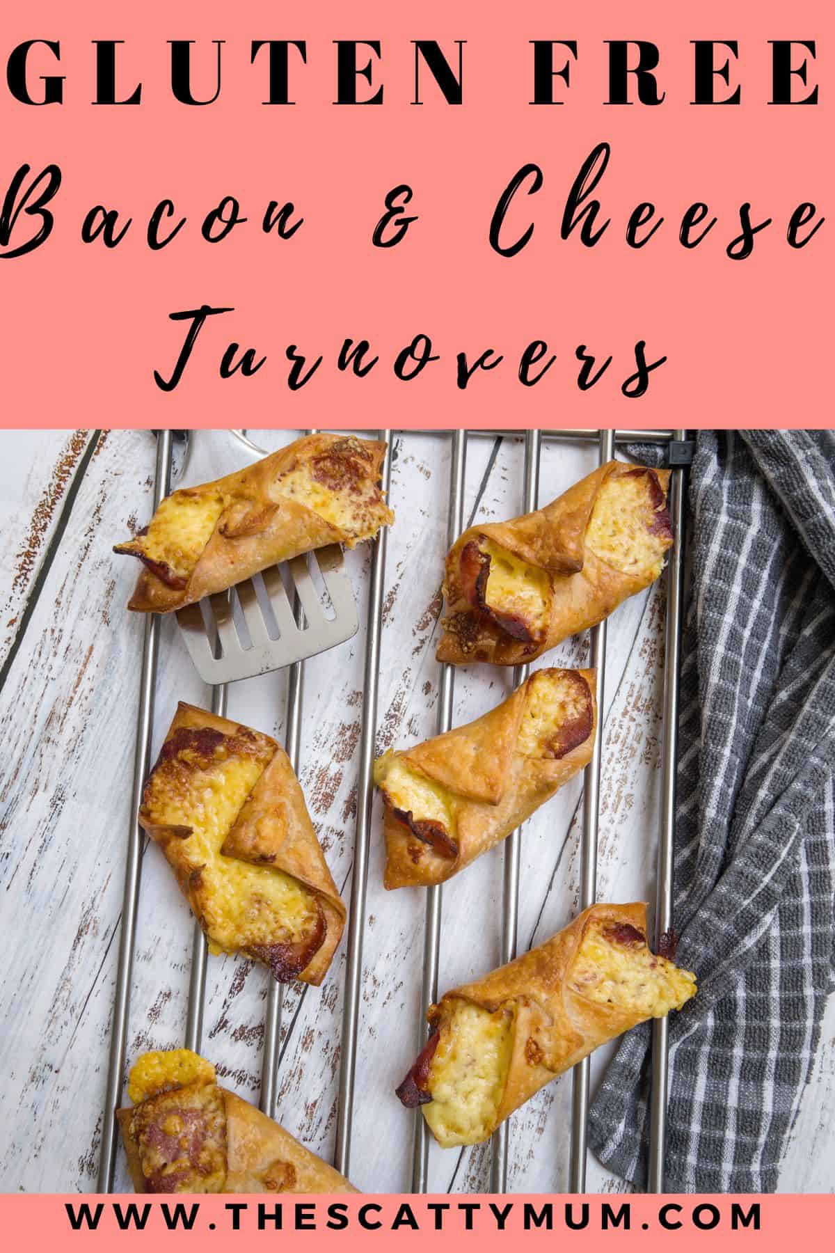 pinterest pin of bacon and cheese turnovers on a cooling rack