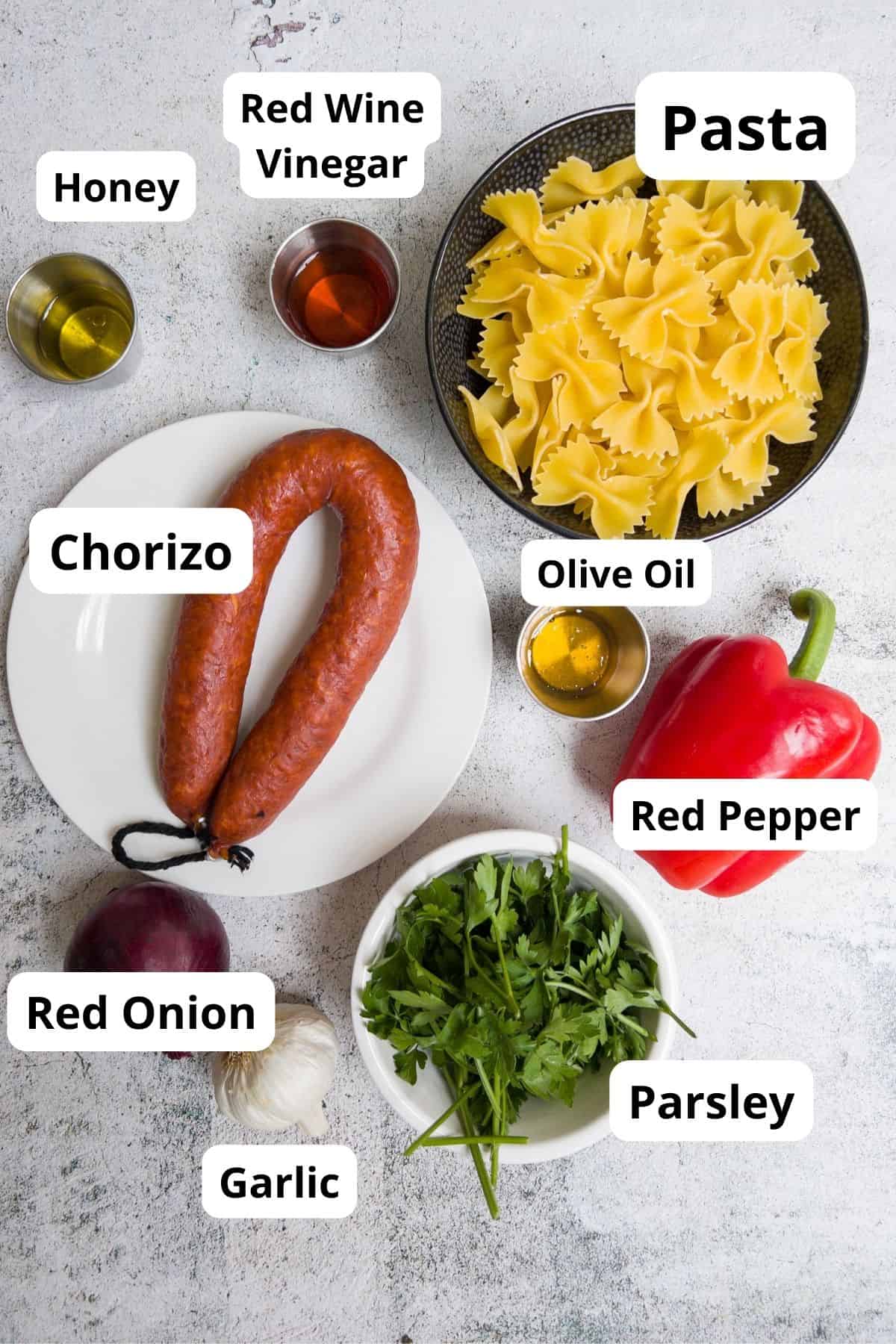 ingredients for chorizo and red pepper pasta salad laid out.