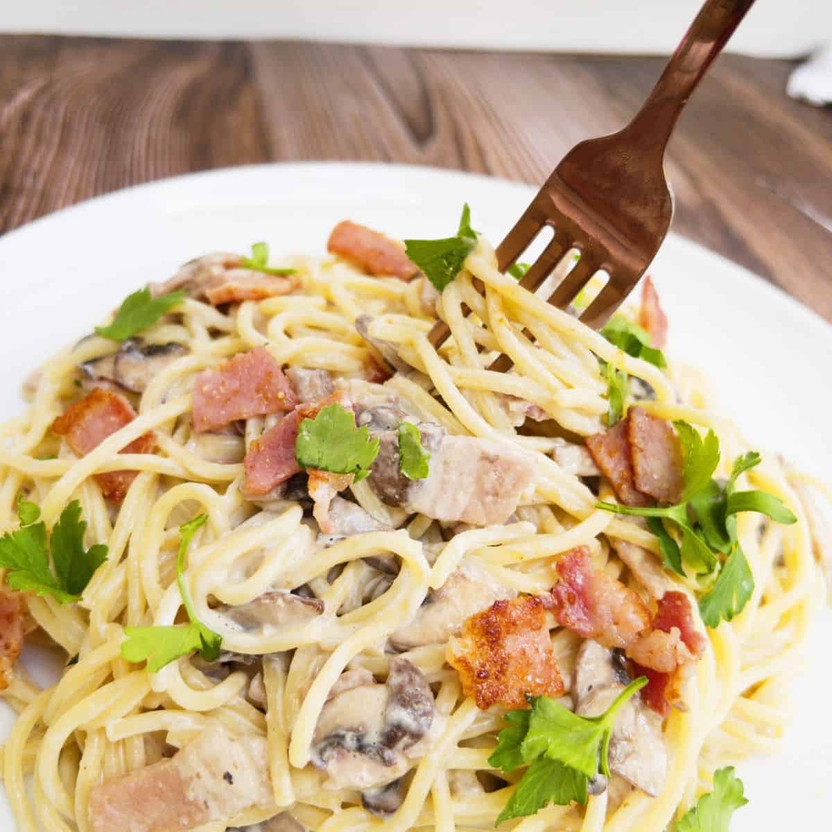 spaghetti carbonara on a plate being twirled by a fork