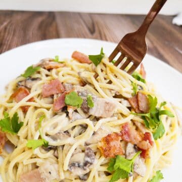 spaghetti carbonara on a plate being twirled with a fork