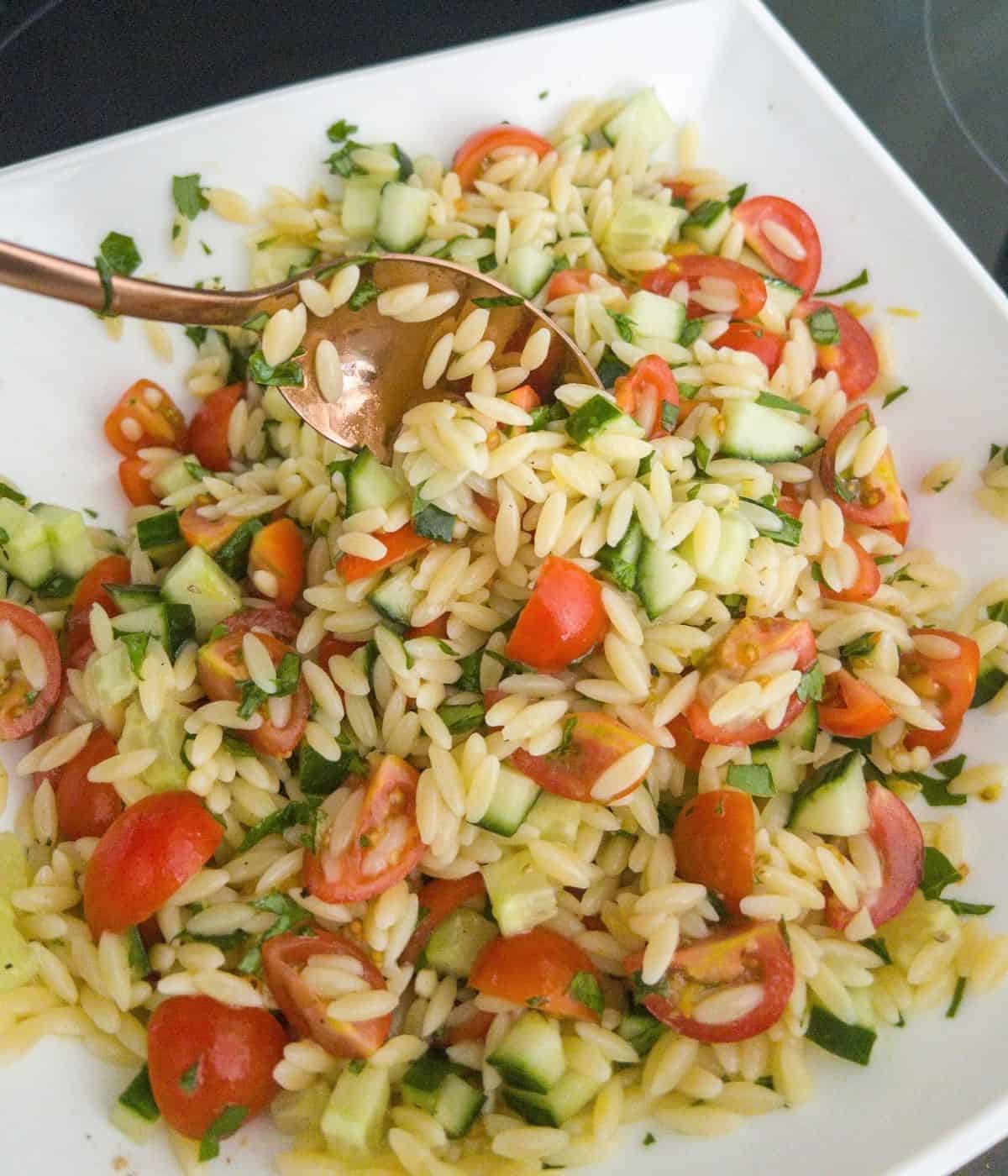 orzo pasta tomatoes and cucumber with herbs in a white bowl and a gold spoon