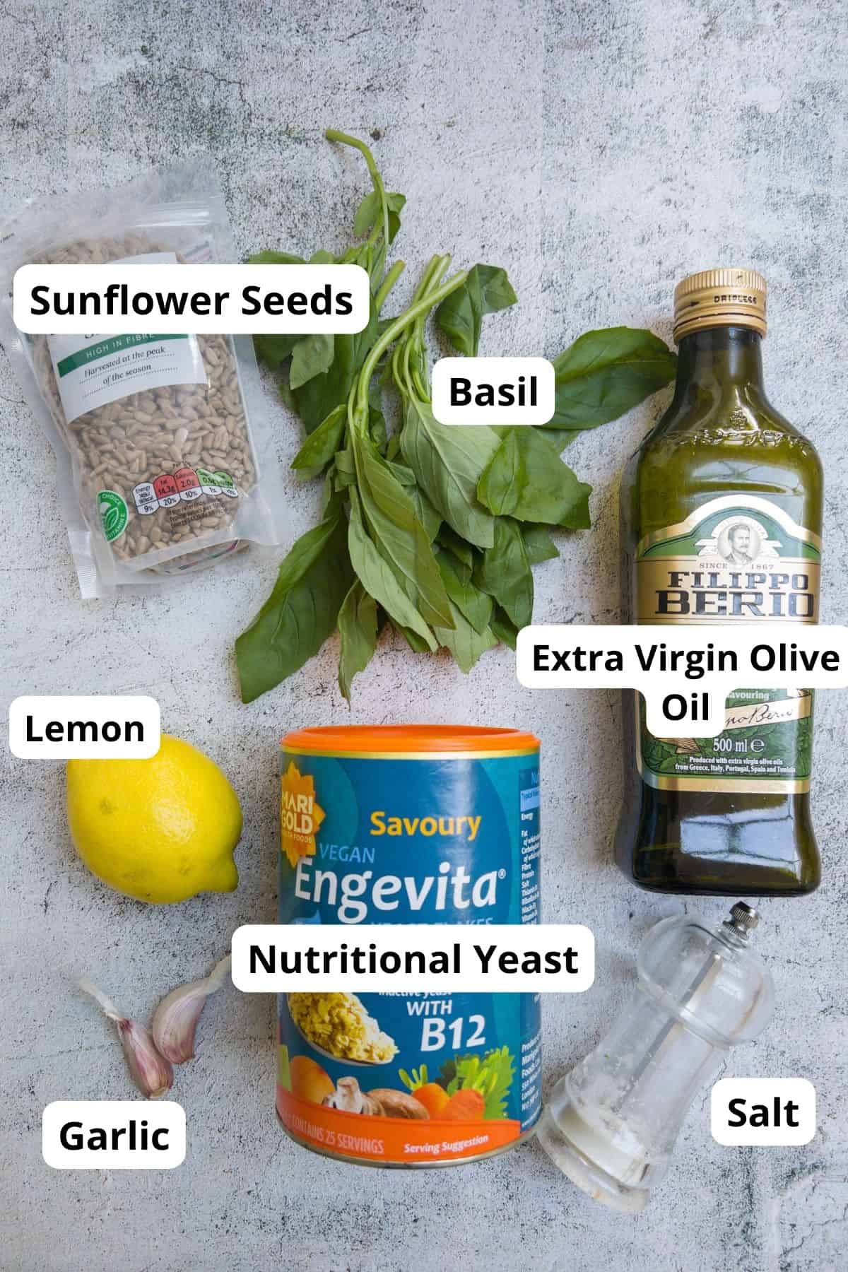 ingredients for dairy free and nut free pesto laid out
