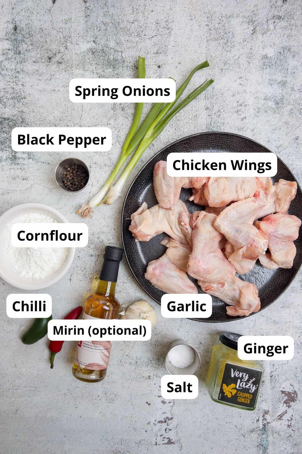 ingredients laid out to make salt and pepper chinese style chicken wings