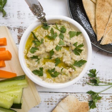 a small white bowl filled with baba ganoush with some flatbread and crudities on the side.