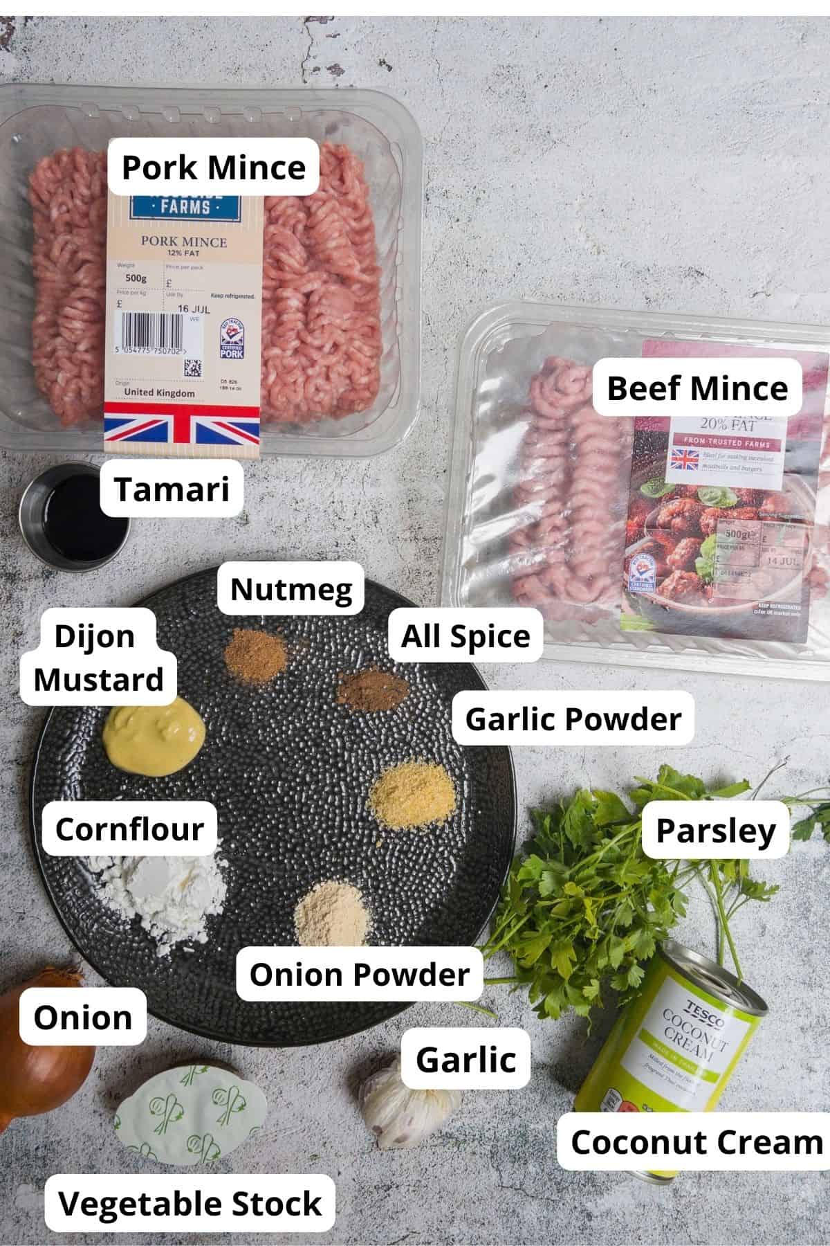 Ingredients laid out for gluten free Swedish meatballs