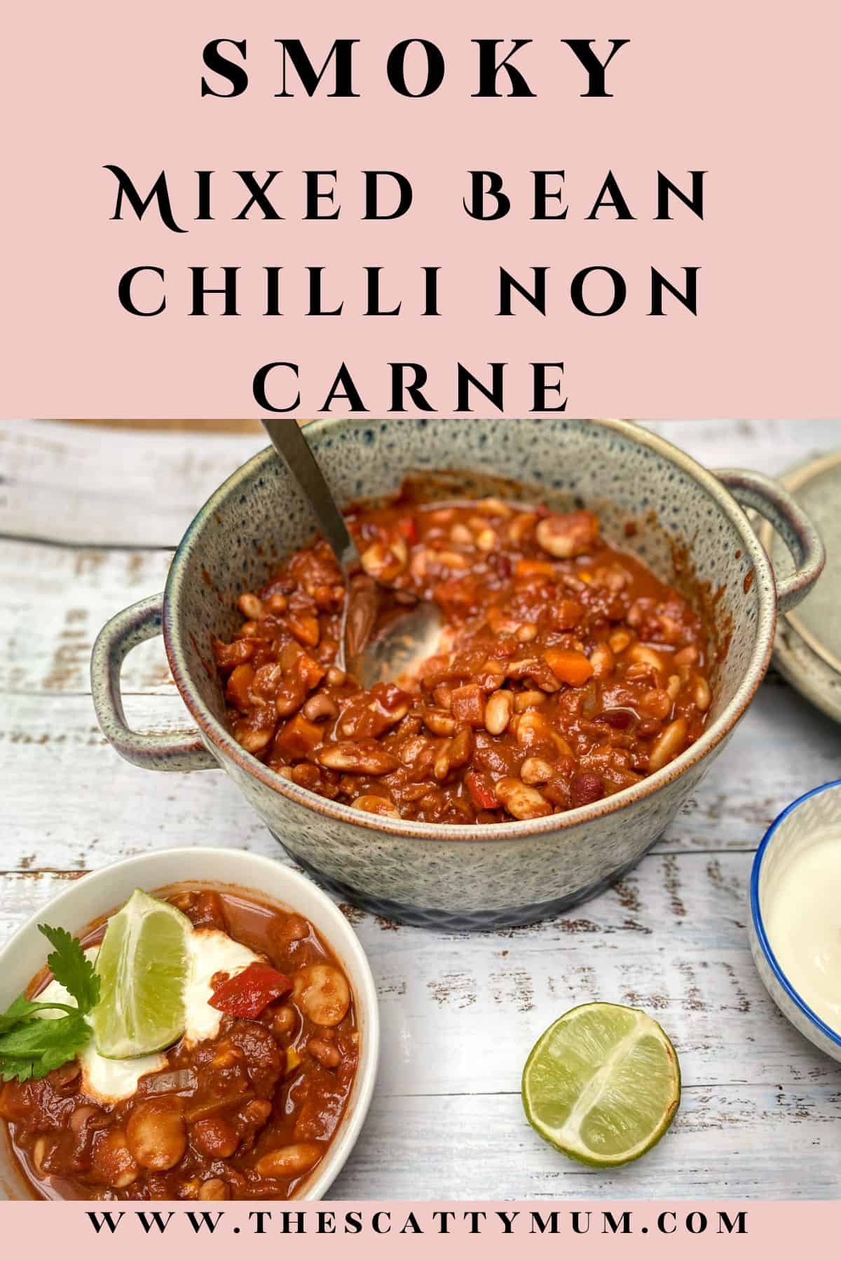 pinterest image for smoky mixed bean chilli non carne.