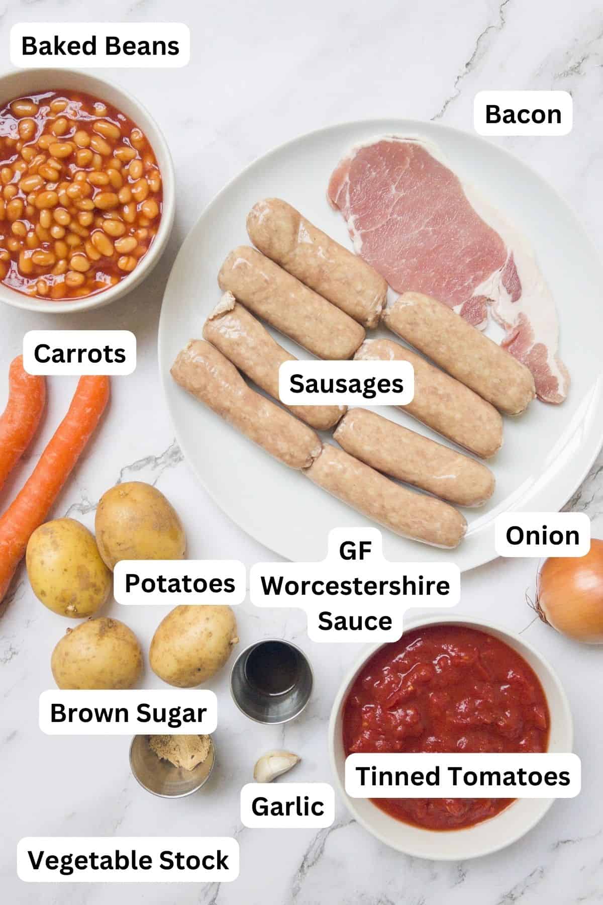 ingredients laid out for a slow cooker sausage and baked bean casserole.