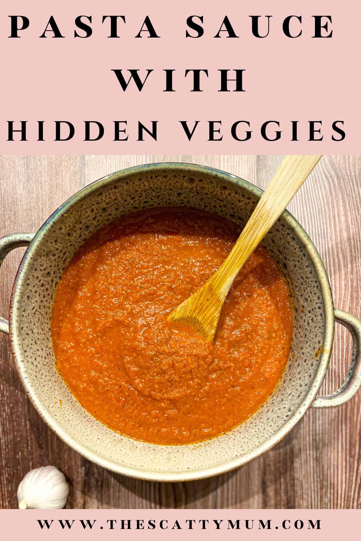 pinterest image for tomato pasta sauce with hidden veggies.