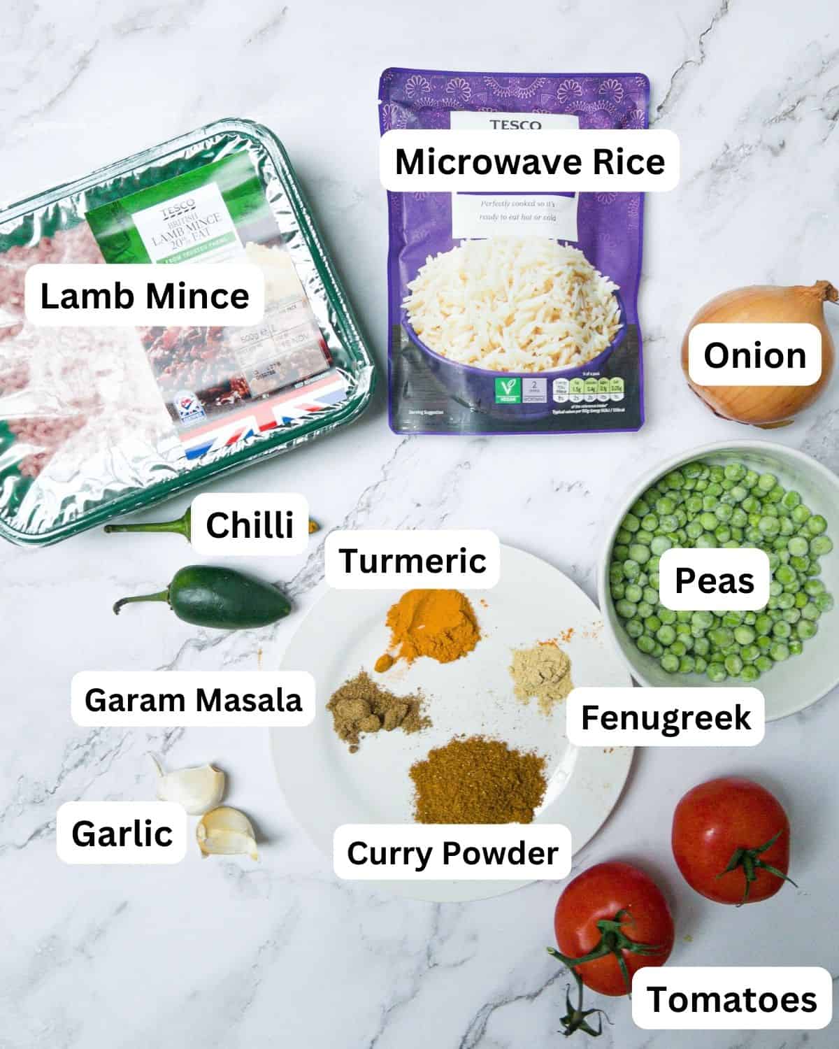 Ingredients laid out for lamb keema.