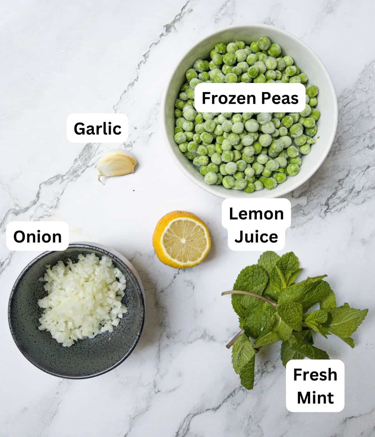 Ingredients laid out for minted mushy peas.
