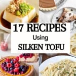 four different photos showing 4 different tofu recipes - block of tofu, chocolate pie, vegan cheesecake and vegan garlic linguine.