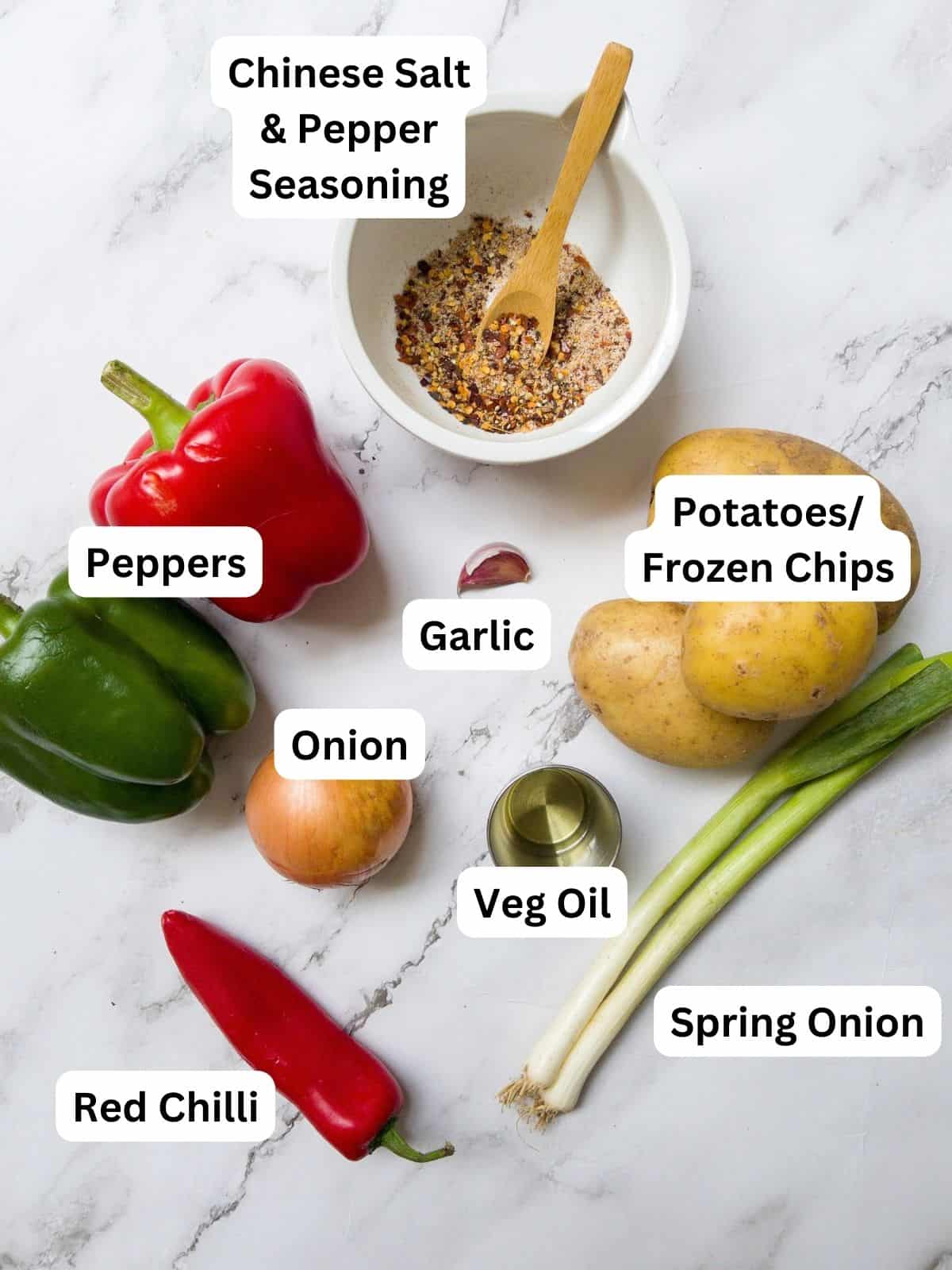 Ingredients laid out for chinese salt & pepper chips.