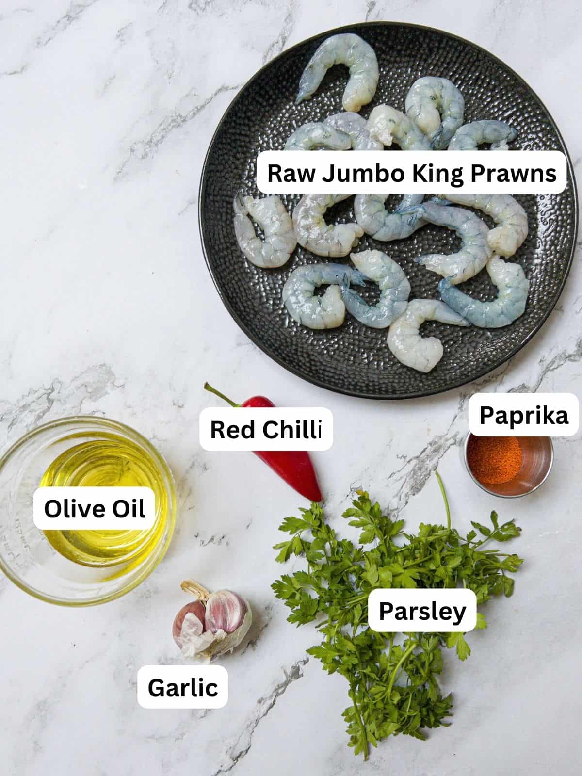 ingredients laid out for gambas pil pil.