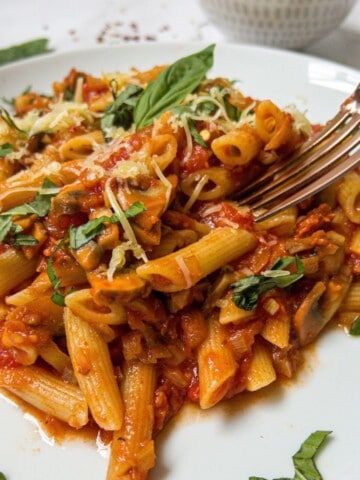 White plate filled with penne pasta in a tomato sauce, garnished with basil and cheese. A fork is picking up a piece of pasta.