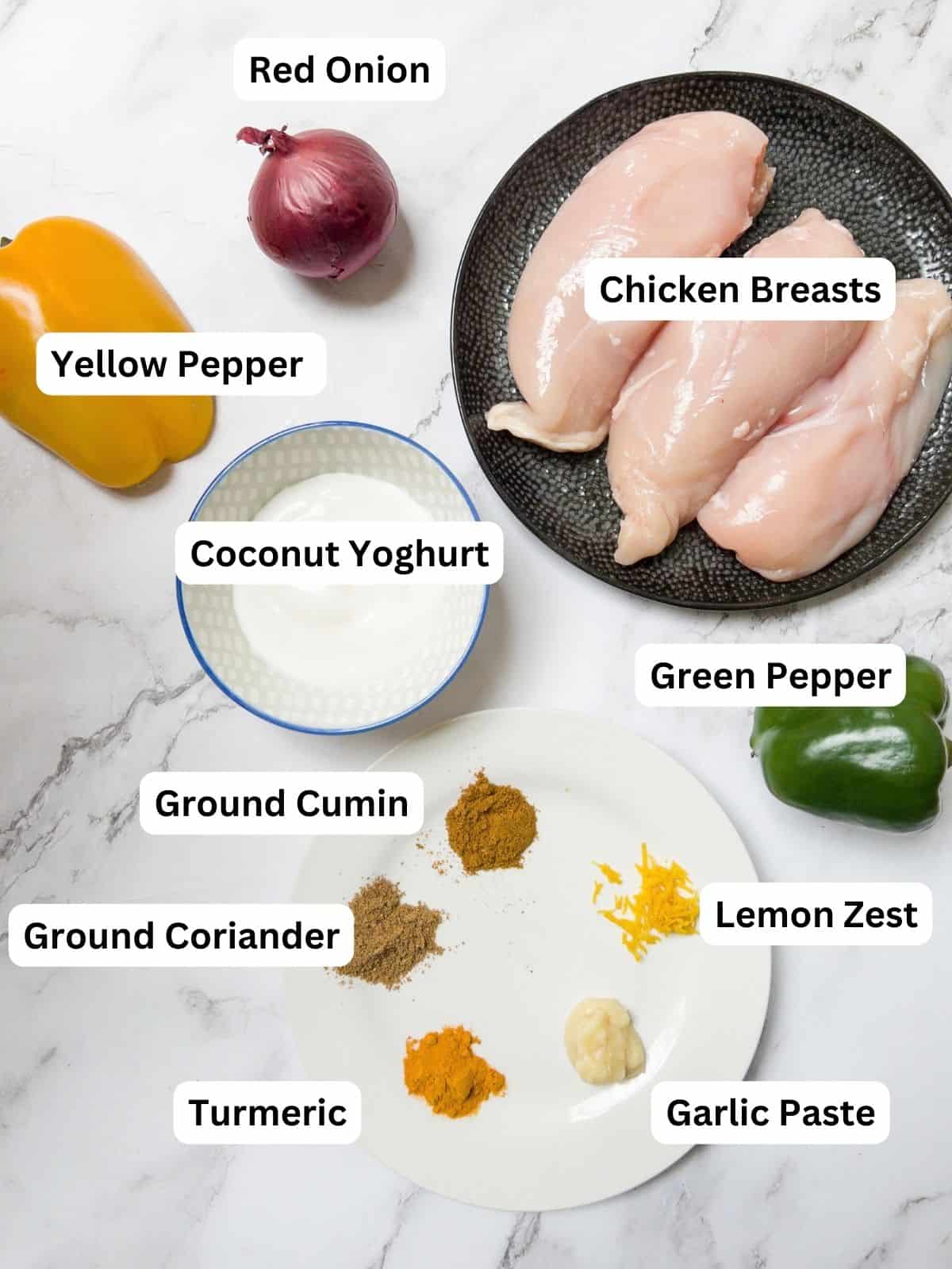 Ingredients laid out for air fryer chicken shish kebab.