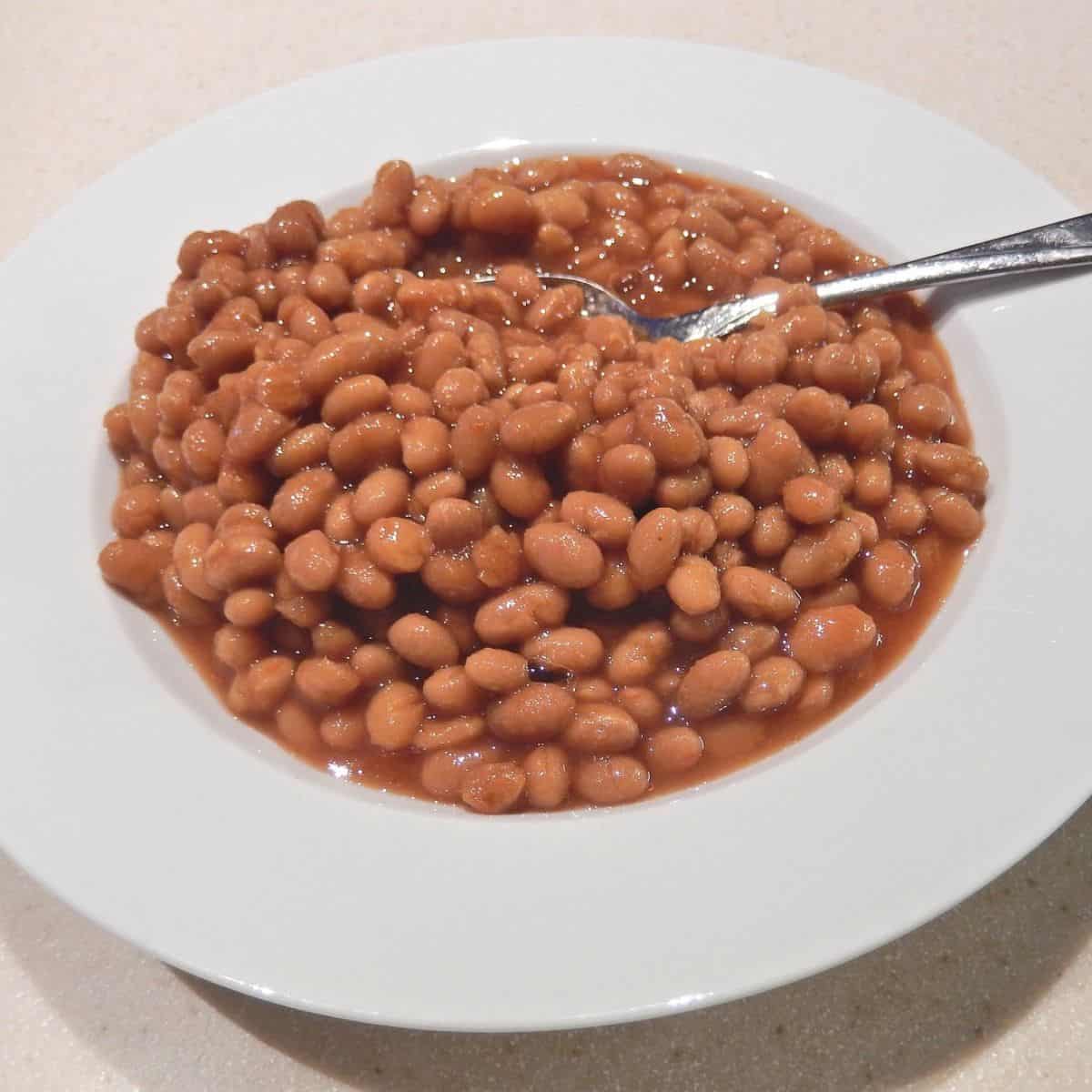 Baked beans with a spoon in a white bowl.