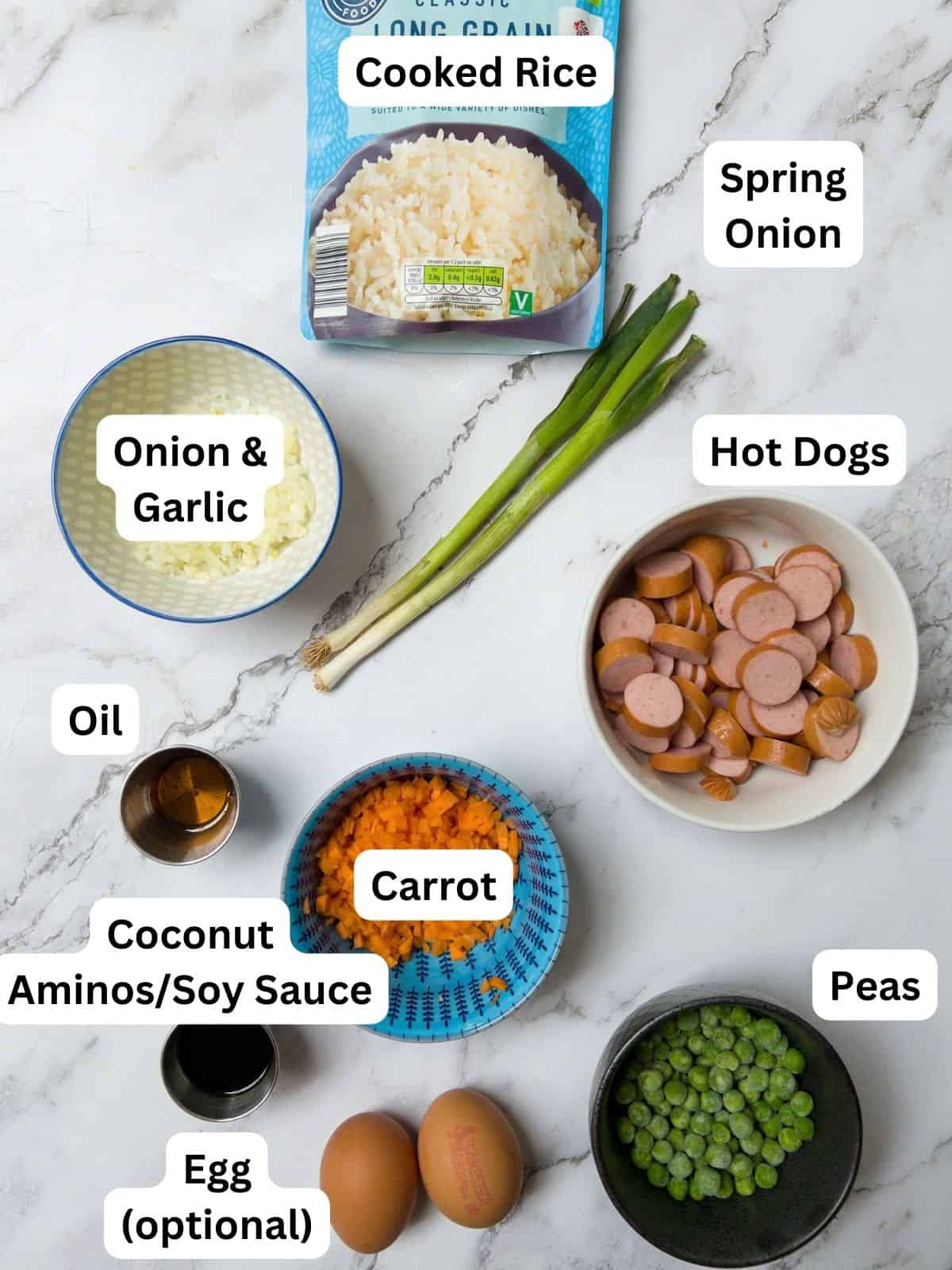 Ingredients laid out for hot dog fried rice.