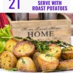 Roast potatoes on a plate with a box of olive oils behind.