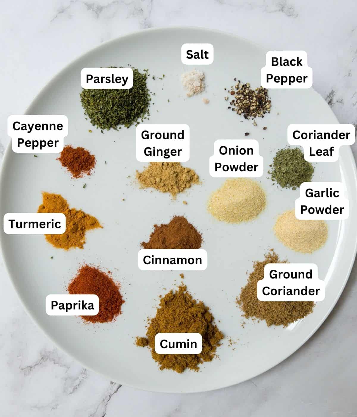 Ingredients laid out on a white plate for chermoula spice blend.