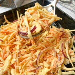 A spoonful of coleslaw over a bowl of coleslaw.