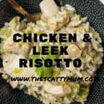 A bowl of chicken and leek risotto.