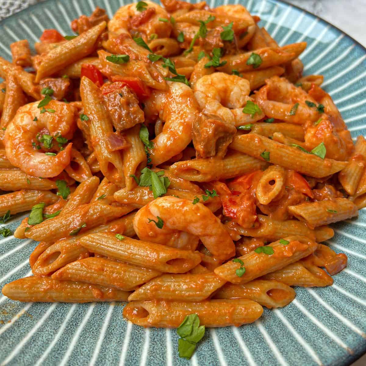 a Plate of creamy prawn pasta.