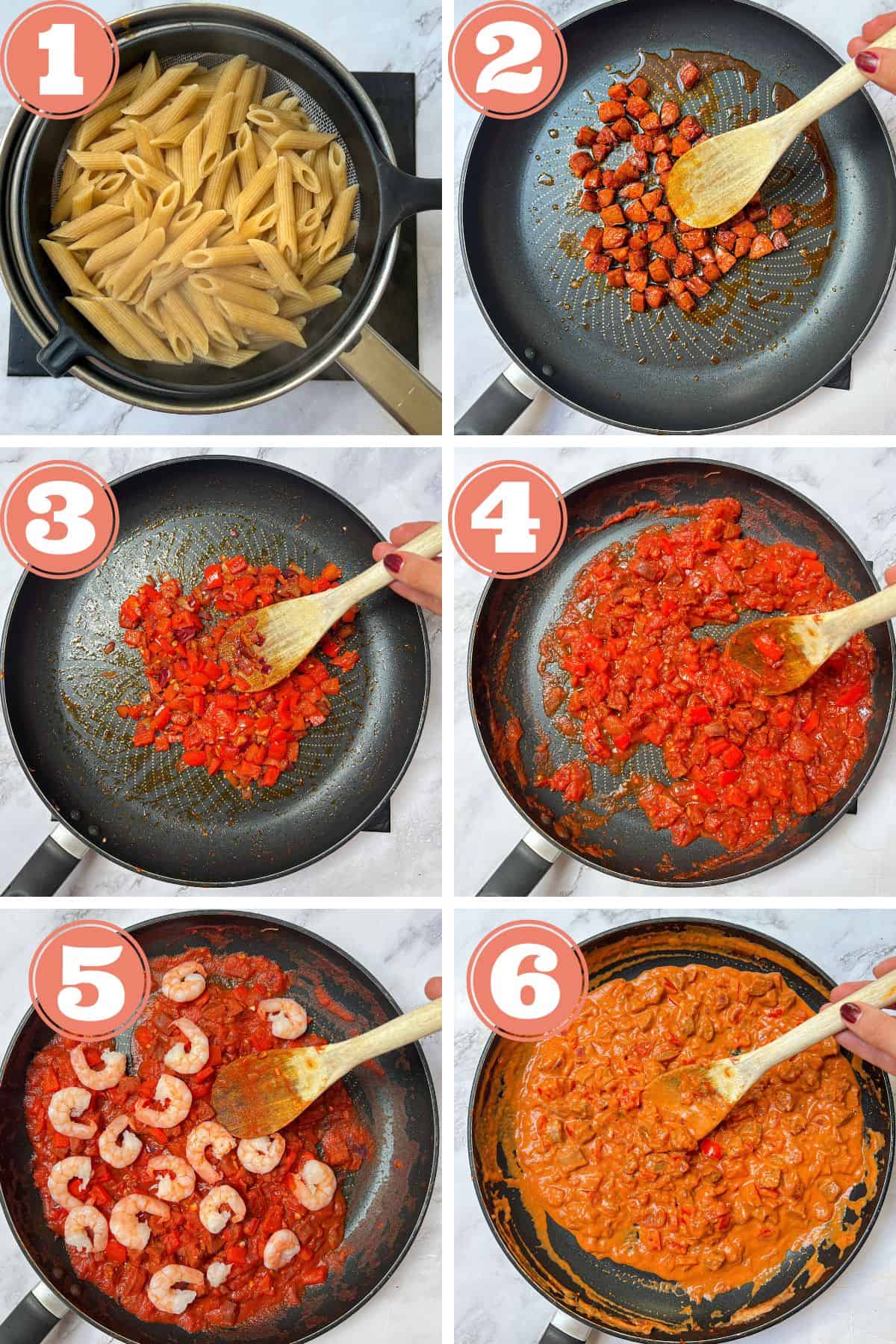 six photos- pan of pasta, chorizo in frying pan, red pepper in frying pan, pepper and chopped tomatoes in frying pan, prawns added to pan, cream added to pan.