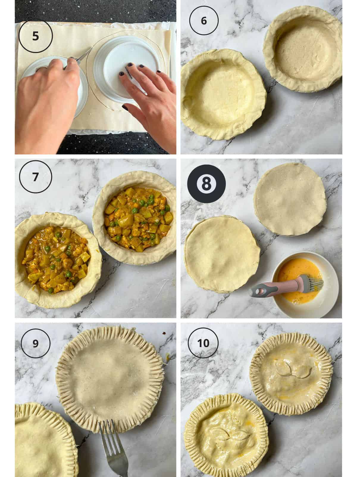 A collage of photos showing how to cut a pie bottom and lid and how to line a pie dish and fill it with pie.