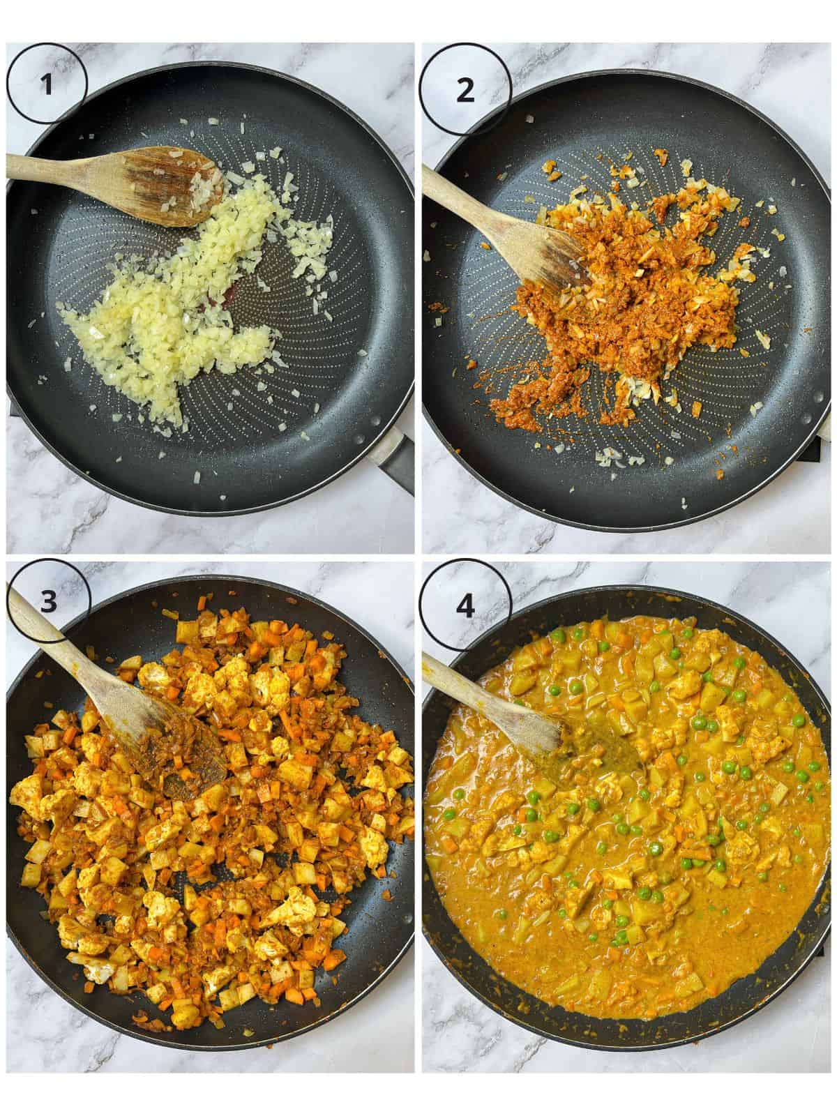 A collage of four photos showing the stages of making a vegetable curry in a frying pan.