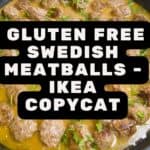 Swedish meatballs in gravy in a large frying pan.