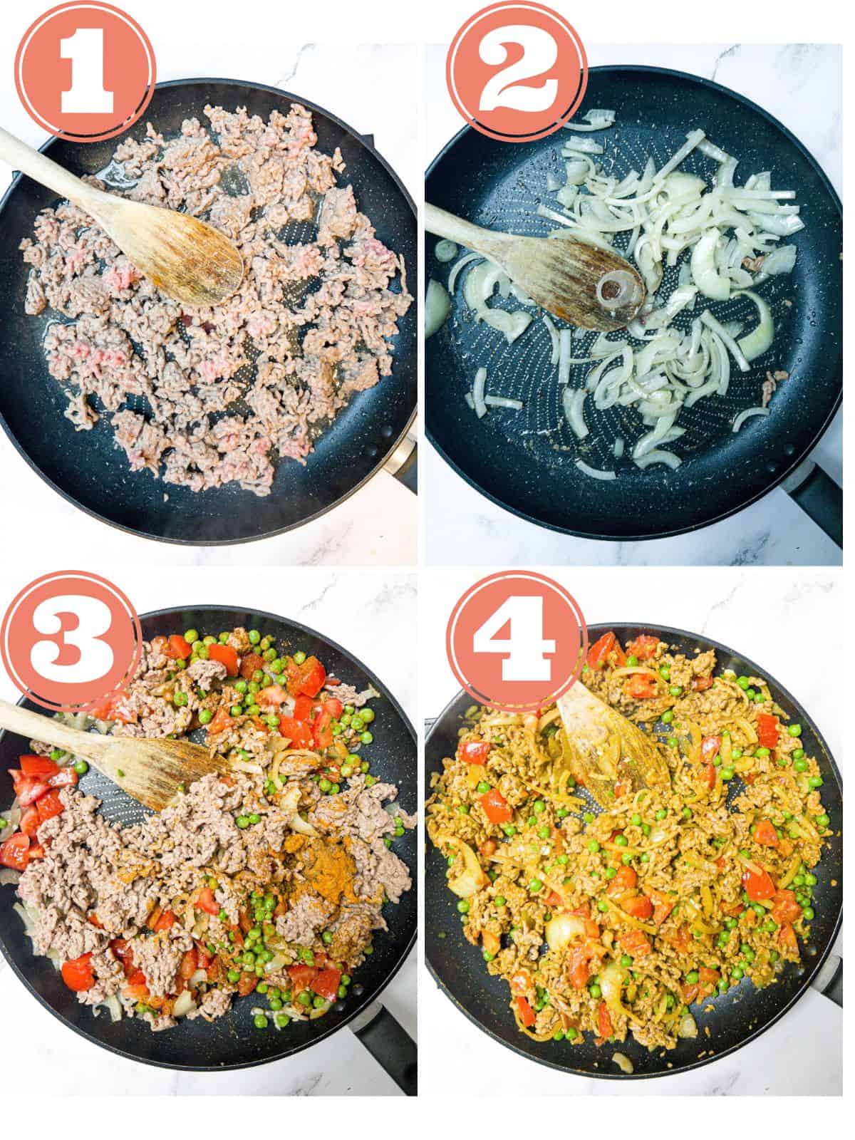 Steps showing how to make keema rice in a frying pan.