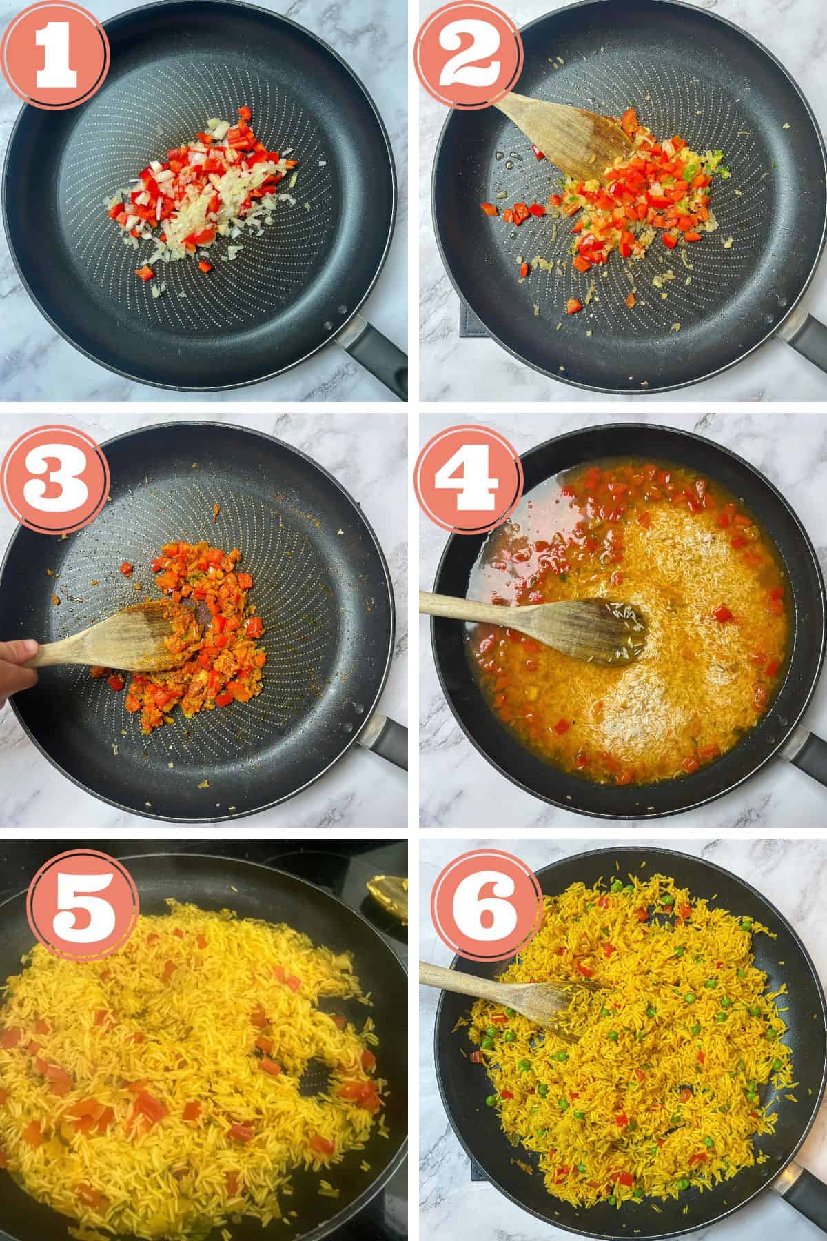 showing the 56 steps to make nandos spicy rice, all the ingredients at different stages in a frying pan.