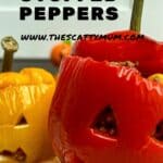 Red and yellow stuffed peppers with faces carved into them.