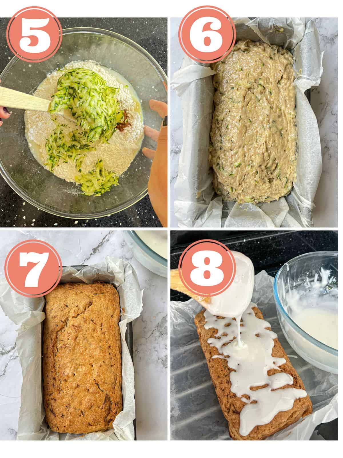 steps showing how to make a courgette cake. Mixture in bowl, batter in tin uncooked and cooked, then drizzling icing over cake.