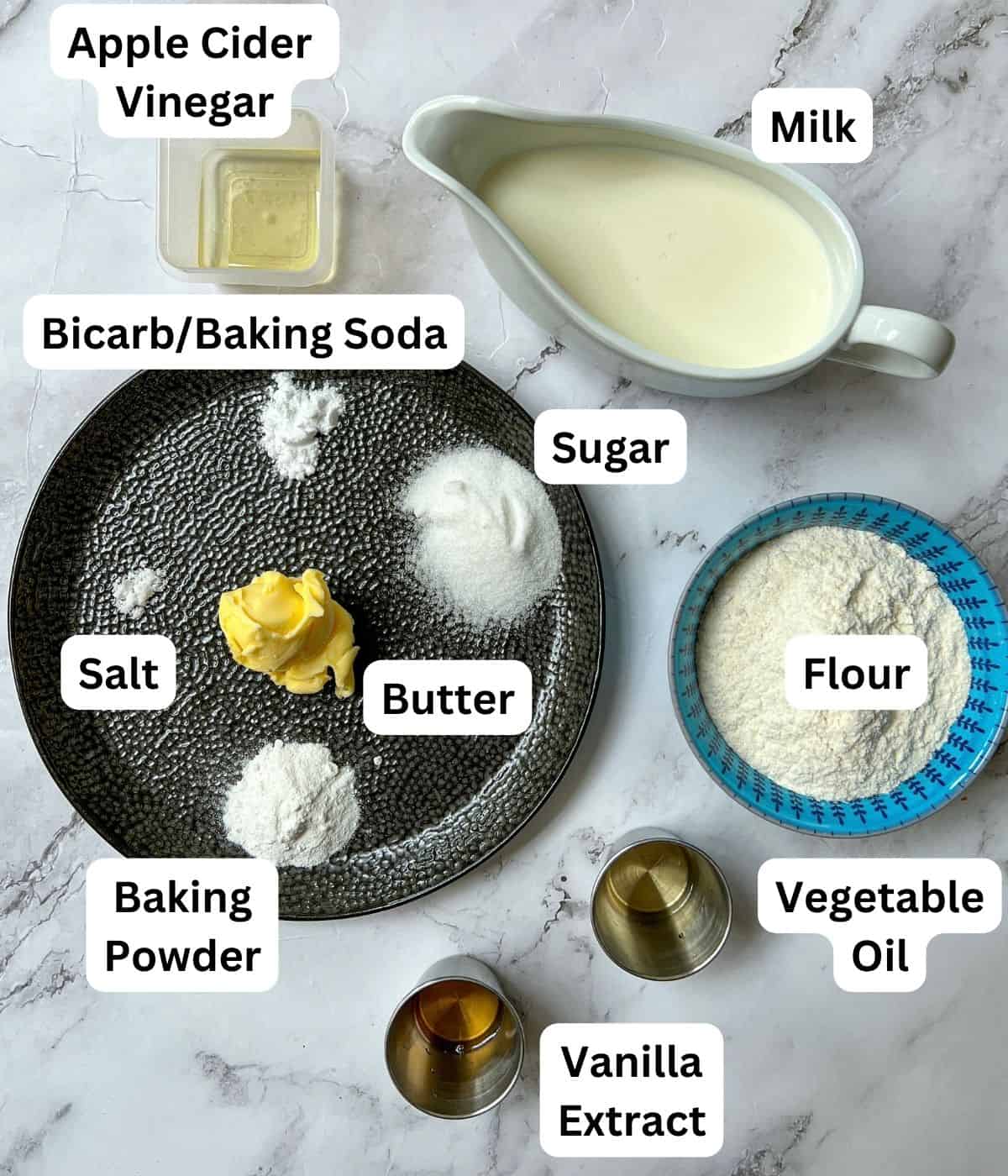 Ingredients laid out for egg free pancakes.