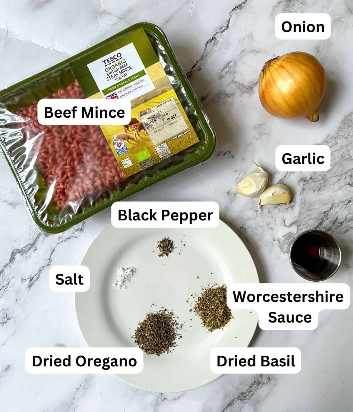 Ingredients laid out for eggless meatballs.