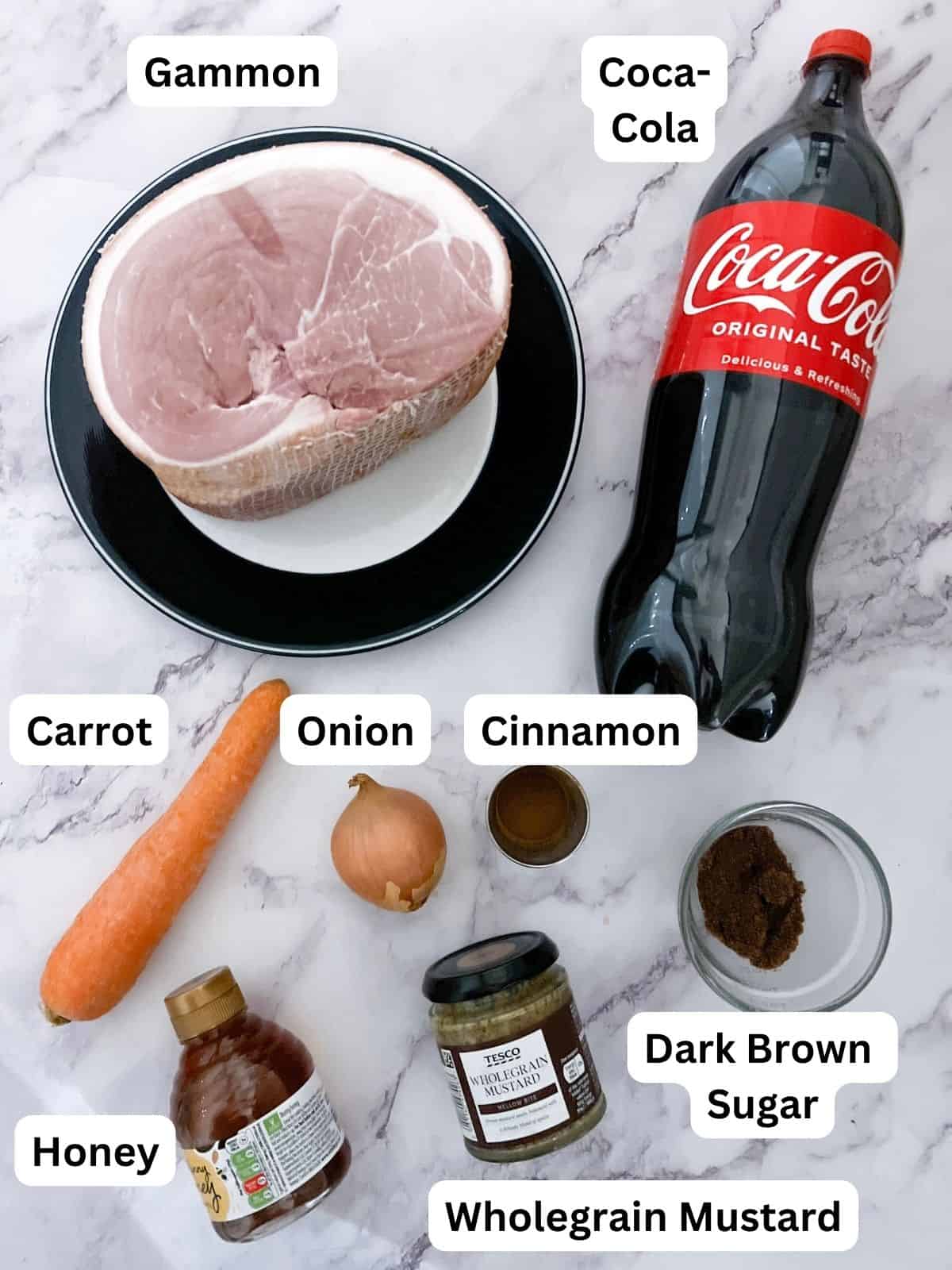 Ingredients laid out for slow cooker gammon in coke.