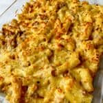 Pasta bake in a rectangle dish.