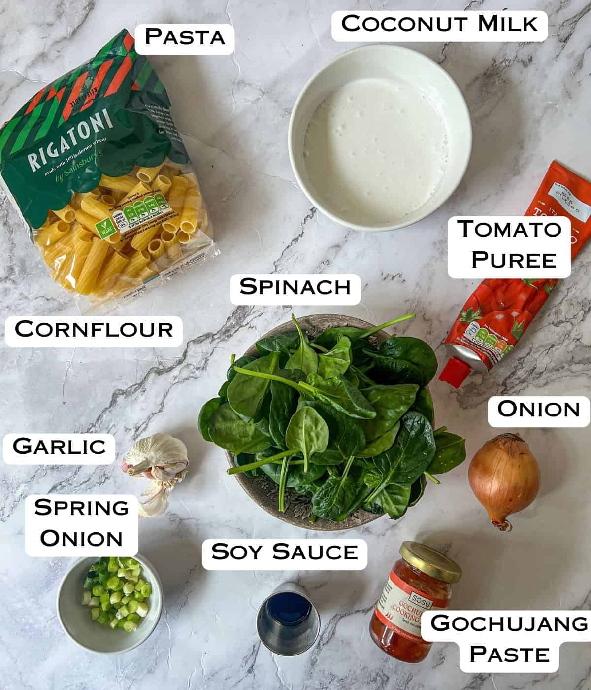 Ingredients laid out for gochujang pasta.