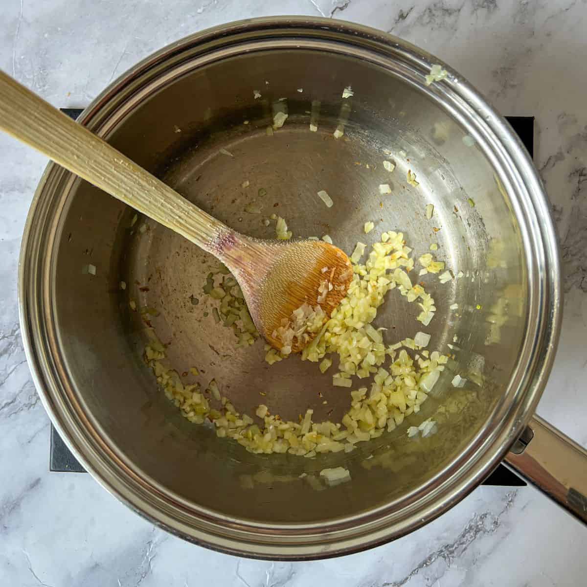 A saucepan containing chopped onion and garlic.