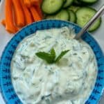 Tzatziki in a blue bowl