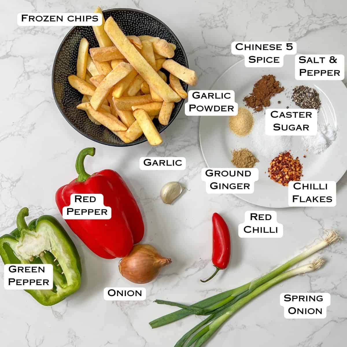 Ingredients laid out for salt and pepper chips.