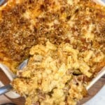 Mac and cheese topped with breadcrumbs.