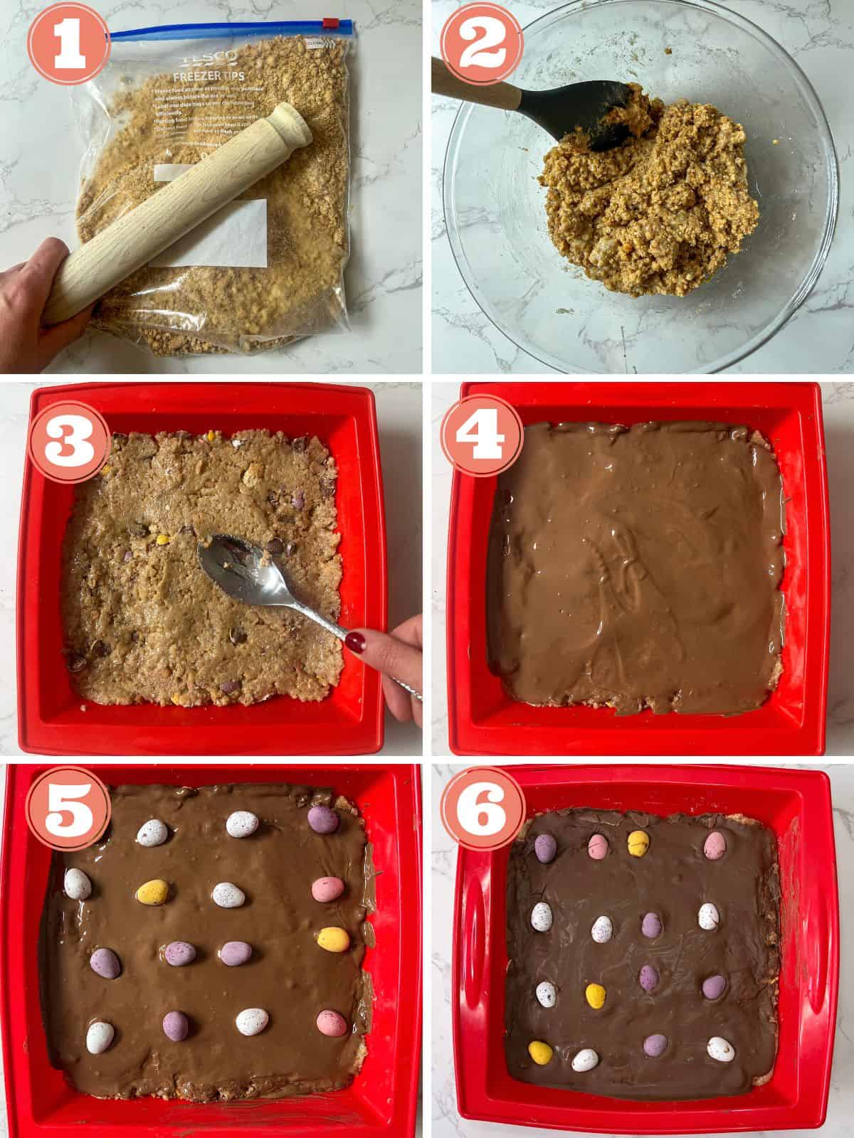 6 process photos of how to make mini egg chocolate slices.